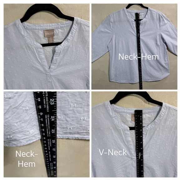 Chico's 2 (US:L) Women Cotton 3/4 Sleeve Pullover VNeck Eyelash Dot Blouse Tunic - Picture 5 of 10